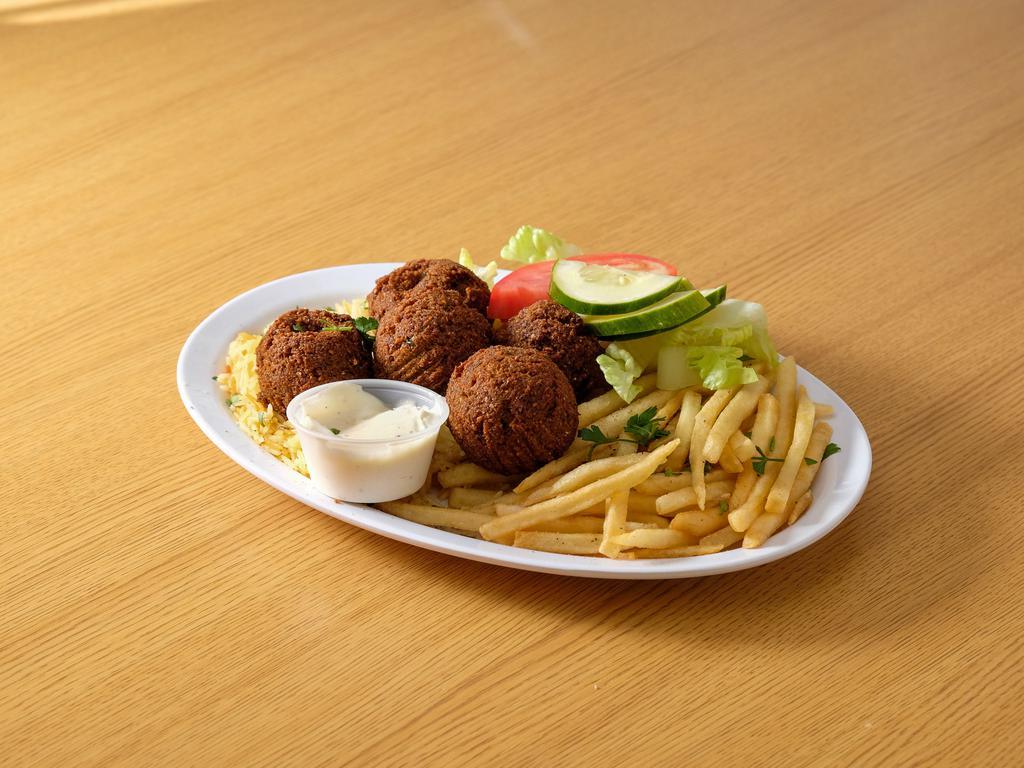 Falafel Platter · 5 pieces. Falafel comes with tzatziki sauce, fries, pita bread, and salad.