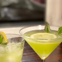 BASIL SMASH · Tasty, fun drink using fresh basil, lemon juice and simple Syrup. Double strained add Aviati...