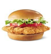 Crispy Chicken Sandwich · A crispy chicken fillet topped with crisp chopped lettuce, thick-cut tomato and mayo on a wa...