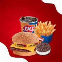 Kids Cheeseburger Meal · One 100% beef patty, topped with melted cheese, pickles, ketchup and mustard served on a war...