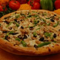 Veggie Pizza · Green peppers, onions, mushrooms, black olives and mozzarella.