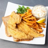 3 Piece Cat Fish Fillet Dinner · Served french fries or rice and coleslaw, bread and can of soda.