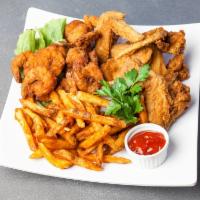 #77. Five Piece Chicken Wings and 12 Medium Shrimp Combo · Includes rice or french fries and can soda.