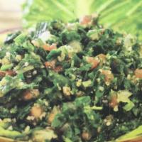 Tabouleh Salad · Traditional parsley salad with burghul wheat, diced tomatoes, onions, fresh mint, olive oil ...