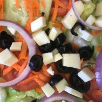 Fresh Tossed Salad with Mozzarella Cheese · Iceberg lettuce, tomato, black olives, cucumber, red onion and vinegar peppers.
