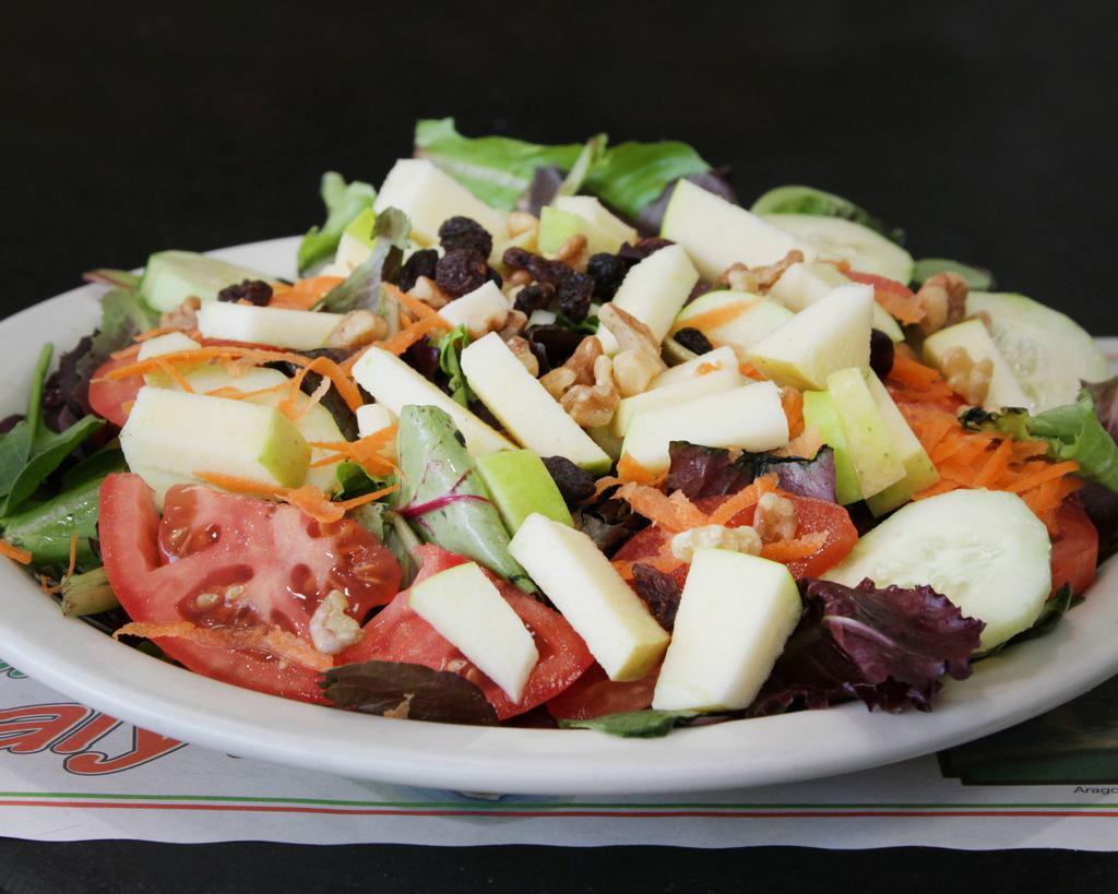 Spring Salad · Mesclun lettuce, raisins, walnuts, sliced green apples and crumbled blue cheese with a balsamic dressing.