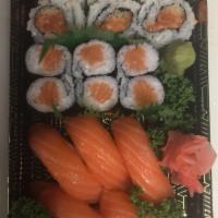 3. Salmon River · Spicy salmon, salmon roll and 5 pieces salmon sushi.