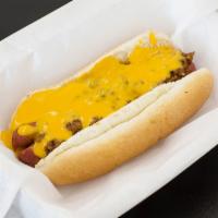 Chili Cheese Dog · Spicy chili and melted cheddar cheese.