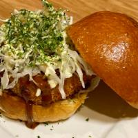 Katsu Burger · 5 oz of Japanese A5 Wagyu Tenderloin cutlet, yuzu seaweed cabbage slaw. Served with pickles ...
