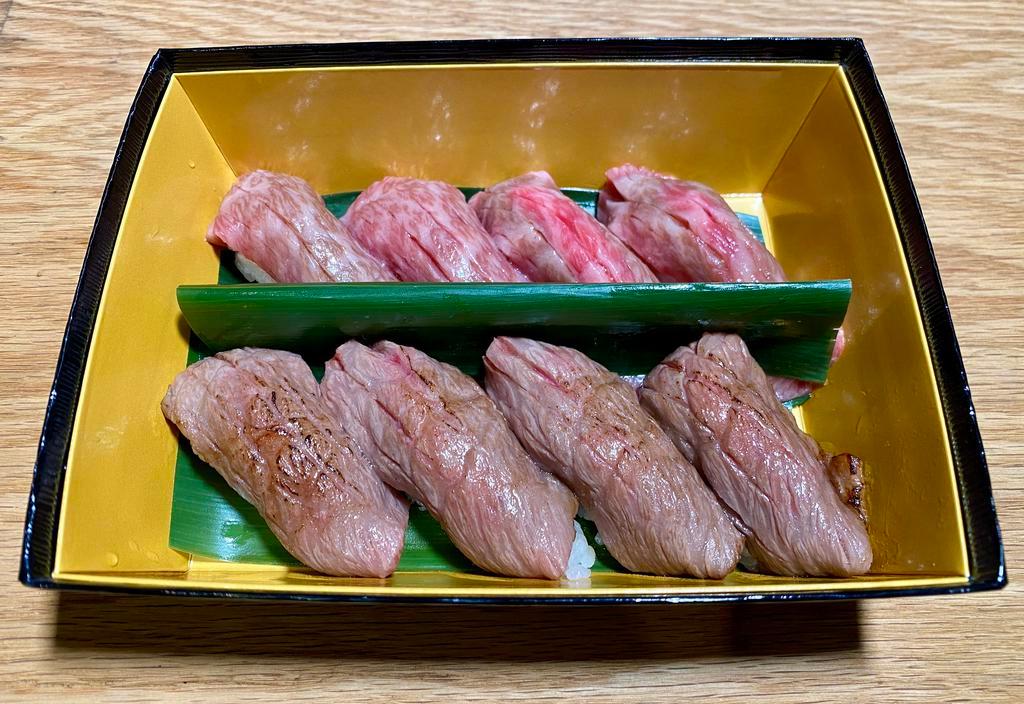 Japanese A5 Wagyu Sushi · 8 pc of Japanese A5 Wagyu Rib eye Nigiri Sushi 
4 pc Raw and 4pc Torched 
Comes with a Cup of Soup on the Side