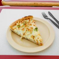 Chicken Alfredo Pan Pizza · Chicken, broccoli and Alfredo sauce.