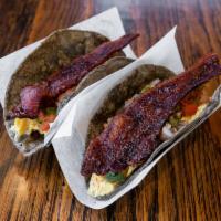 Bacon & Egg Taco · Thick cut bacon, scrambled eggs, chihuahua cheese & pico de gallo