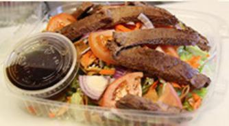 3. Steak Salad · Romaine, onions, tomato, tortilla chips, cucumbers, carrots.     Ensalada con carne: lechuga...