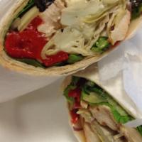 Mediterranean Wrap · Grilled chicken breast, roasted peppers, artichoke hearts, red onion, black olives, lettuce ...