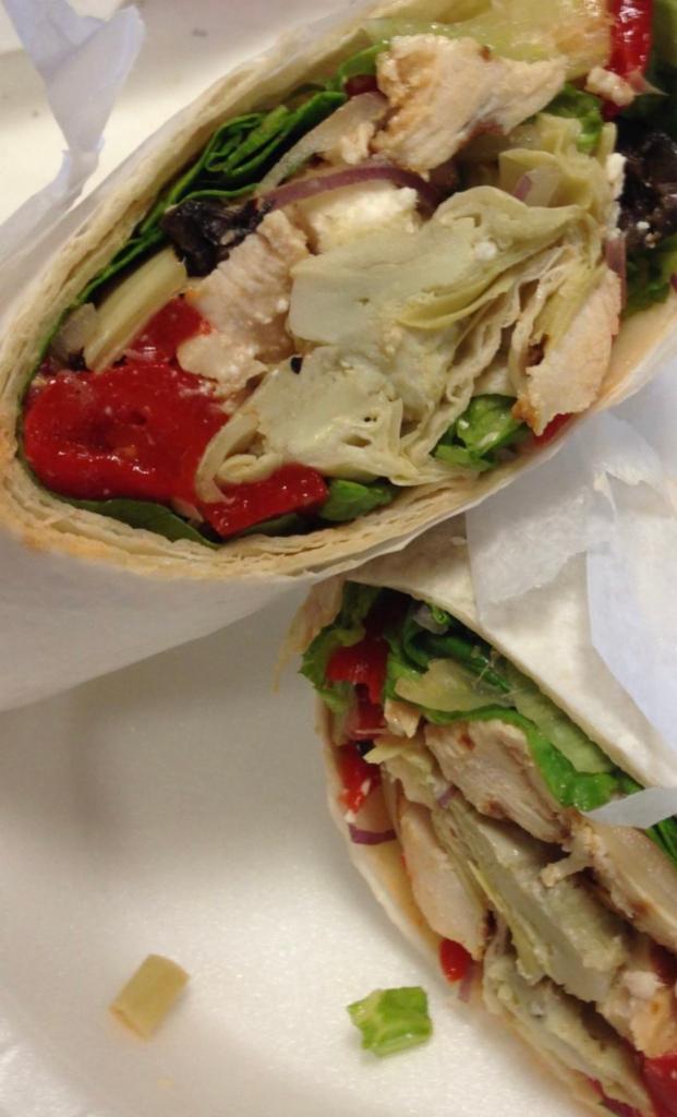 Mediterranean Wrap · Grilled chicken breast, roasted peppers, artichoke hearts, red onion, black olives, lettuce and feta cheese.