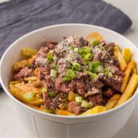 Parmsean Chicken Fries · Crispy french fries topped with grilled skinless/boneless chicken thighs topped with parmesa...