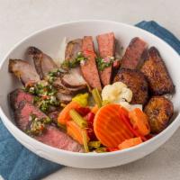 Meatlovers bowl · Top sirloin, Brazilian sausage, and pork sirloin served over rice, vinaigrette veggies and f...