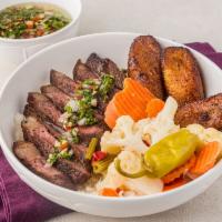 Picanha bowl · Grilled top sirloin with chimichurri sauce served over rice, vinaigrette veggies and fried p...