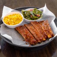 1/4 Rack St. Louis Style Ribs Platter · Seasoned, smoked and glazed st.louis style ribs with your choice of 2 sides and a sauce on t...