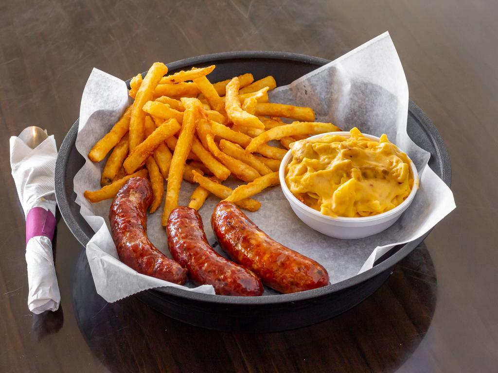 Jalapeno Cheddar Sausage Platter · Our special blend of pork sausage, fresh jalapeno and cheddar cheese, smoked to perfection and comes with 2 sides.