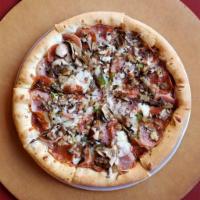 The Works Pizza · Mozzarella, onion, green pepper, smoked ham, pepperoni, Italian sausage, mushroom, smoked pr...