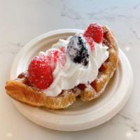 Raspberry Whipped Cream Croffle · French croissant pressed into a waffle machine.