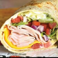 Sliced Turkey Wrap · Smoked oven roasted turkey breast, American cheese, romaine lettuce, tomato, red onions and ...