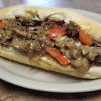 Famous Steak and Cheese Sandwich · Sliced and marinated sirloin steak topped with four kinds of cheese, red & bell peppers, on ...