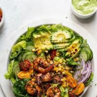 Romaine and Grilled Corn Salad · ROMAINE, GRILLED CORN, PUMPKIN SEEDS, GRILLED BELL PEPPERS, TOMATO, CUCUMBER, ONION, AVOCADO...