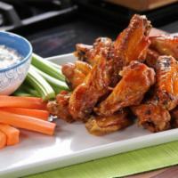 Buffalo Wings (5pcs) · wing, buffalo wing sauce, w. a side of celery and carrot stick along with a bleu cheese dipp...