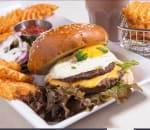 All Day Breakfast Burger · Fried egg, sausage or bacon,  Served with waffle fries or salad.