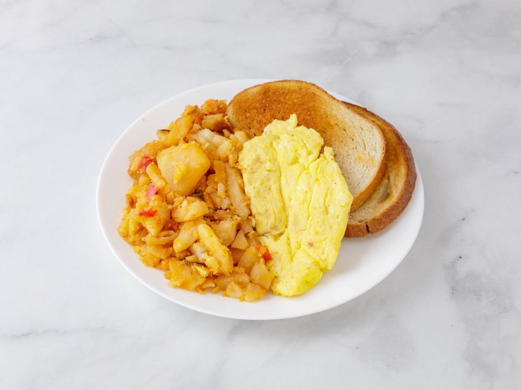 2 Eggs · Served with potatoes or grits and toast.