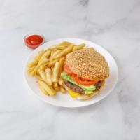 Cheddar Cheeseburger Deluxe · Served with coleslaw and pickle. Includes french fries, lettuce and tomato.