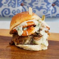 7. Surf and Turf Burger · Beef, jumbo shrimp, creamy spinach, melted mozzarella, grilled mushrooms and caramelized oni...