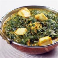 Chicken Saag · Tender pieces of chicken cooked with spinach. Served with portion of rice.