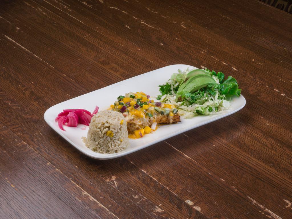 Pollo con Mango · Grilled chicken breast topped with fresh mango. Smothered in queso Blanco. Served with sliced avocado.