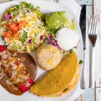 Plato Suarez · Cheese enchilada, bean and cheese tostada, crispy ground beef taco. Served with sour cream, ...