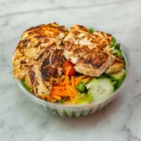 Grilled Chicken Salad Combo · Fresh Garden salad with Romaine lettuce, grape tomatoes, shredded carrots cucumber, cabbage ...