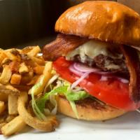 8 oz. House Ground Burger · American cheese, lettuce, tomato, onion.