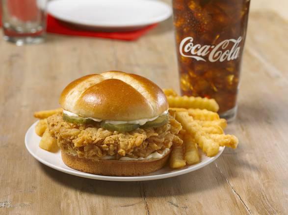 Spicy Chicken Sandwich Combo · Chicken Sandwich, Reg Side, Large Drink. We crafted a sandwich using our legendary hand-battered chicken filet placed between a honey-butter brushed and toasted brioche bun. Enjoy this down home flavor with a regular side and large drink.