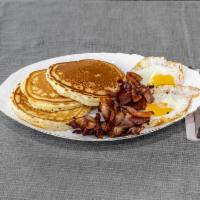 3 Pancakes with Bacon with Eggs  Platter · Flat sweet cake. Cured pork. 