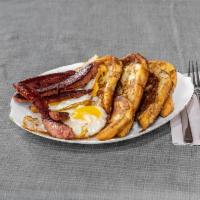 3 French Toast with Bacon, Egg's Platter · Panfried bread. Cured pork. 