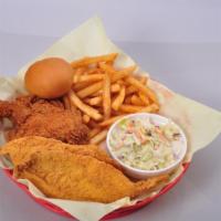 Chicken and Fish Special · 2 pieces of catfish, 1 leg and 1 thigh. Served with 1 side and 1 roll.