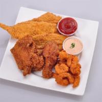 Chicken, Fish and Shrimp Special Combo · 3 pieces fish, 1 leg, 1 thigh and 6 shrimp. Served with 1 side, 1 roll and 1 drink.