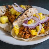  Turkey Al Pastor Tacos · 2 tacos. Turkey, pineapple, onions, cilantro and radish.