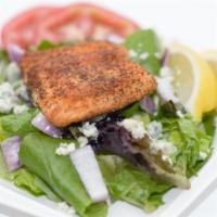 Salmon Salad · Grilled salmon fillets served over mixed greens, tomatoes, onions, lemon, Gorgonzola cheese ...
