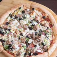 Soprano's Special Pizza · Pepperoni, Canadian bacon, Italian sausage, mushrooms, black olives, green peppers, mozzarel...