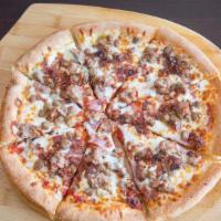 Meat Lover Pizza · Pizza sauce base, Canadian bacon, pepperoni, Italian sausage, beef and bacon bits.