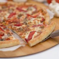 The Mafia Pizza · Fire roasted red peppers, Italian sausage, fresh basil, salami, garlic, mozzarella cheese an...
