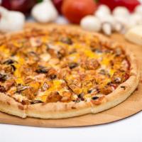 BBQ Chicken Pizza · Pizza sauce base, BBQ chicken, mushrooms, red onion, mozzarella and cheddar cheese.